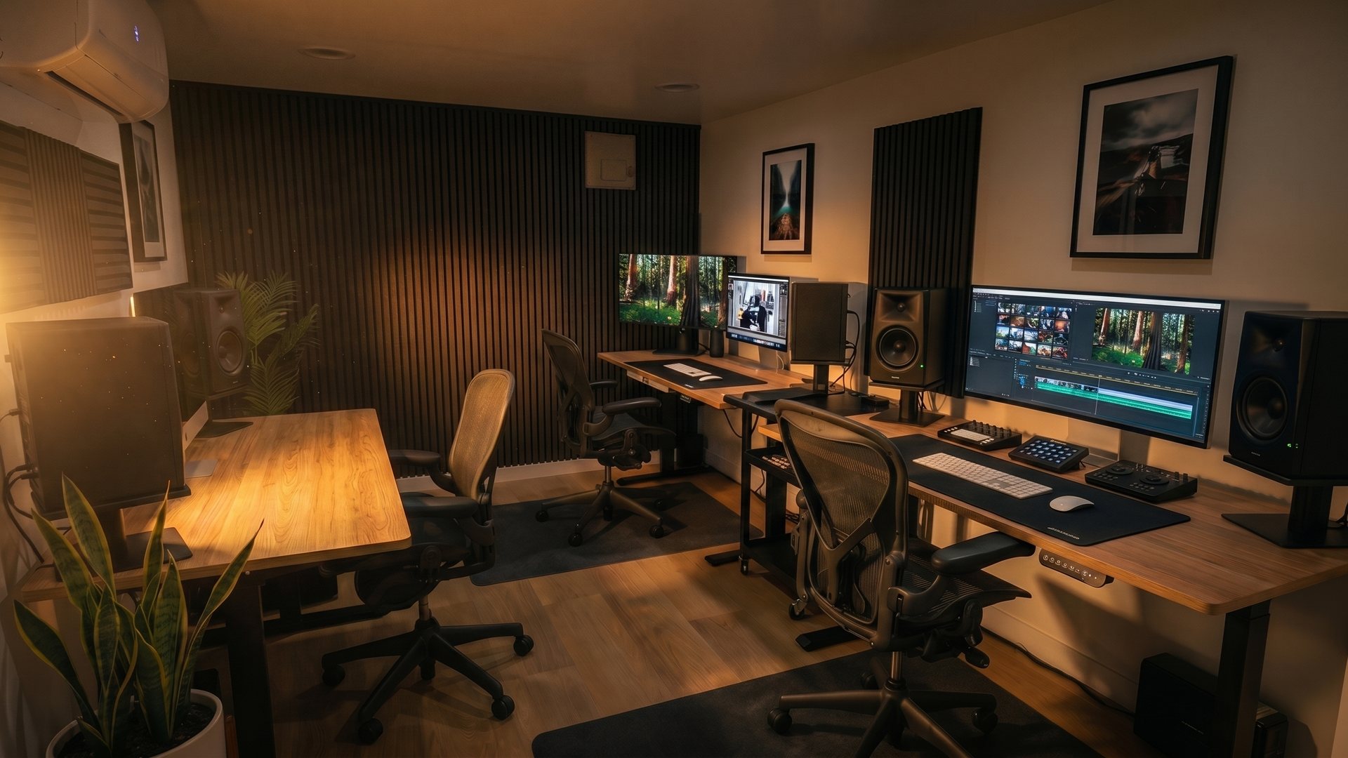 The editing suite, lit by glowing monitors