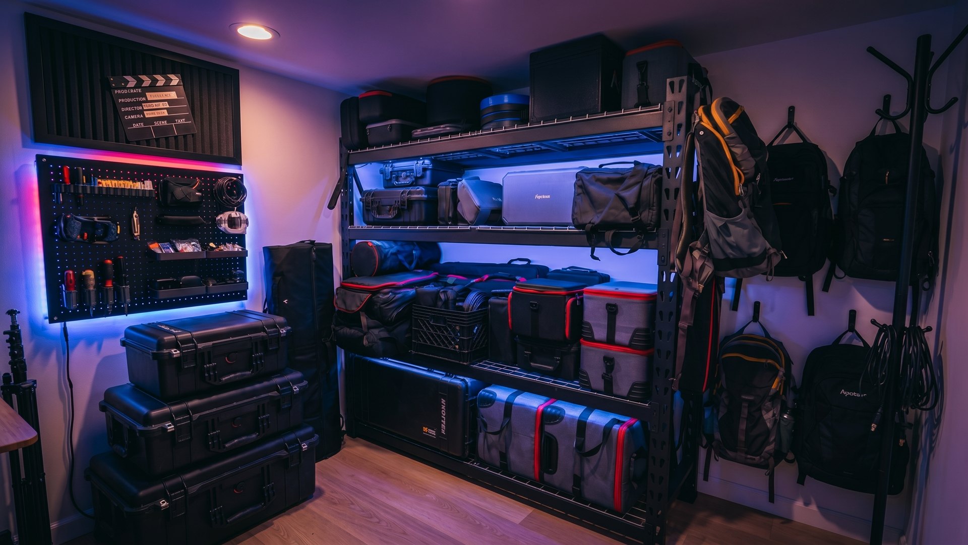 The gear room with camera cases and backpacks