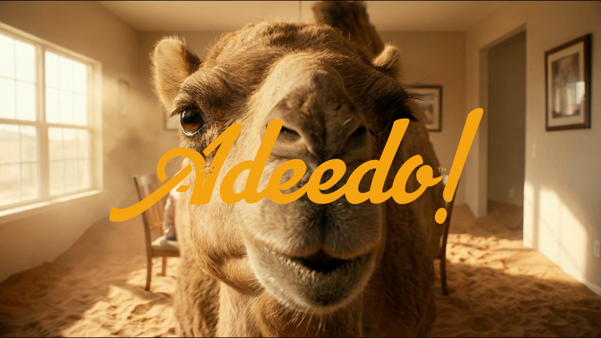 Adeedo! — a camel in a sun-baked living room
