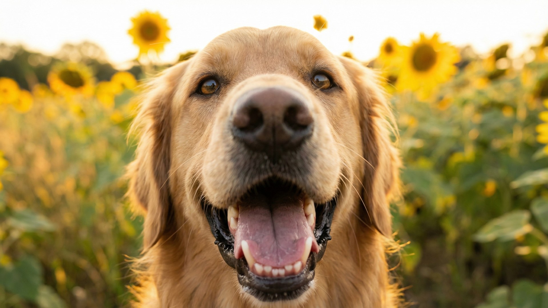 New Image Dental — a grinning golden retriever in sunflowers