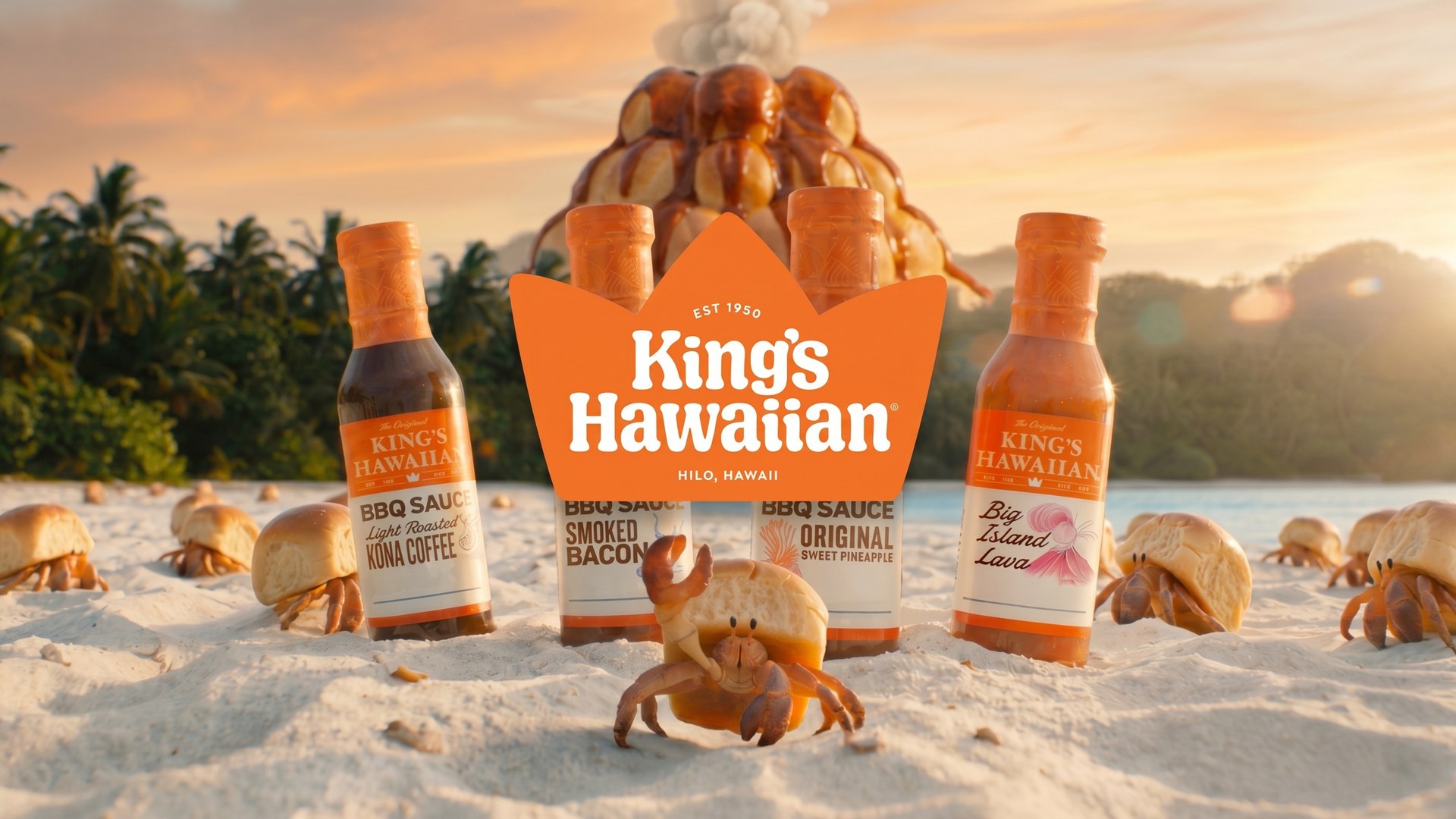 King's Hawaiian — BBQ sauce bottles and crown logo on the beach