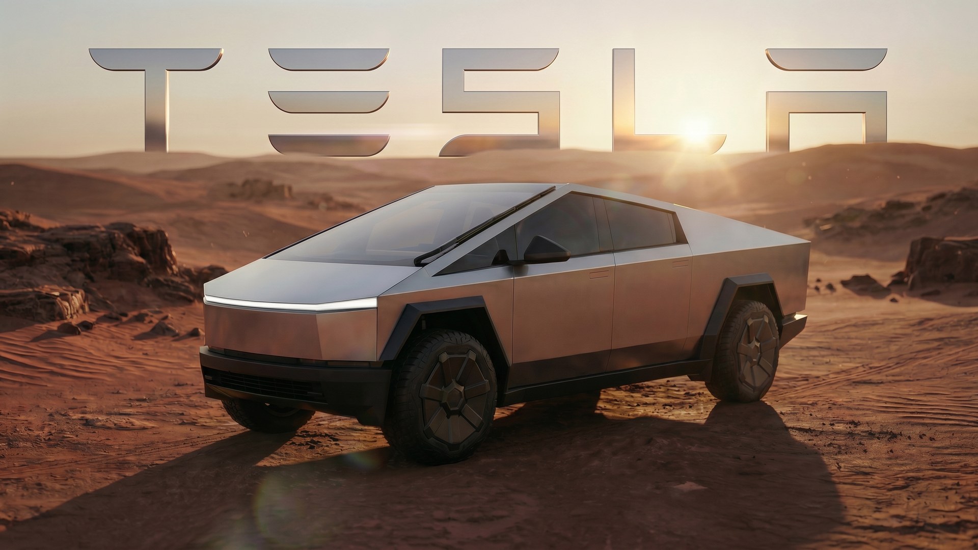 Tesla — Cybertruck beneath a glowing Tesla logo